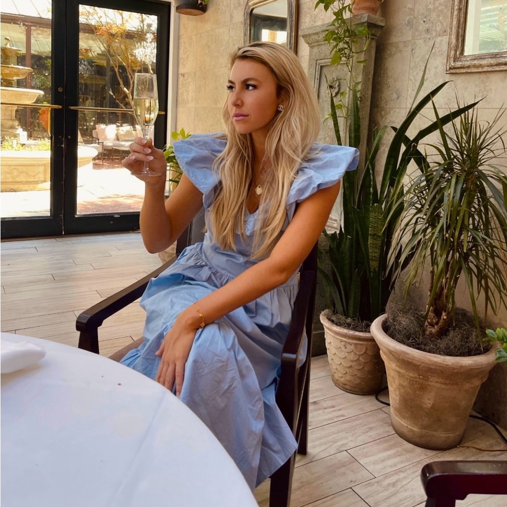 English Factory Light Blue Midi Dress with Ruffle Sleeves
